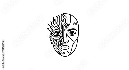 Artificial Intelligence Face with Binary Code and Circuitry
