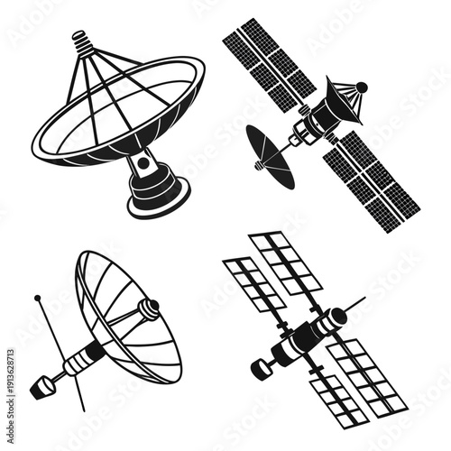 Four different satellite dishes and solar panel systems