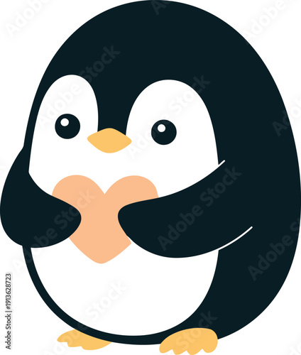 Cute Cartoon Penguins Holding Hearts Vector Illustration Set for Valentine’s Day and Romantic Graphic Designs