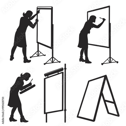 A set of silhouettes showing people using presentation boards