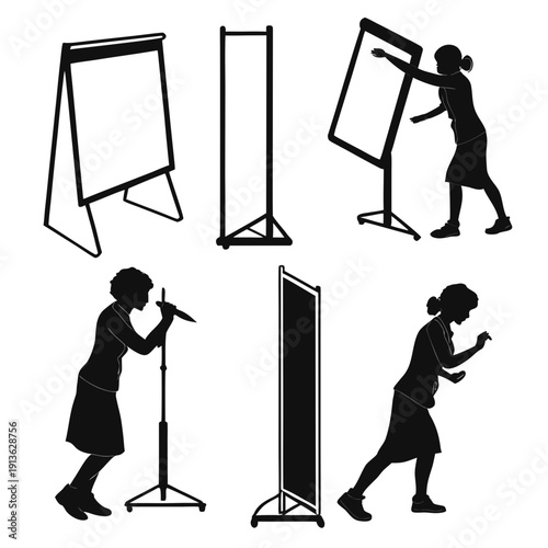 Silhouette of people presenting on various stands