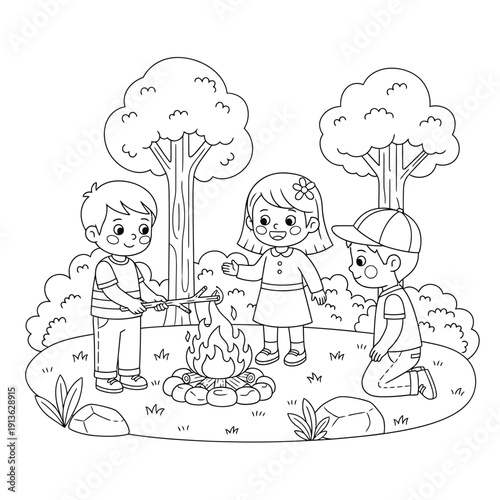 Cute cartoon children roasting marshmallows around a campfire in a forest, black and white line art for a coloring book page.