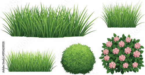 Realistic Green Wild Grass Tufts and Flowering Pink Hydrangea Bush Vector Set, Botanical Garden Elements for Landscape Design, Nature Illustration and Outdoor Scene Backgrounds (25 words)