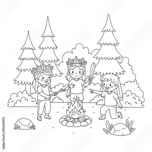 Three happy children playing make-believe as kings and queens around a pretend campfire in a forest clearing, enjoying imaginative outdoor fun.