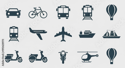 Collection of diverse transportation vehicle icons.