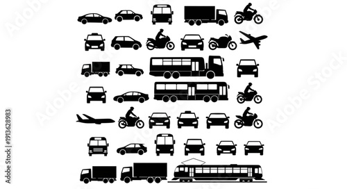 Collection of diverse transportation vehicle silhouettes.