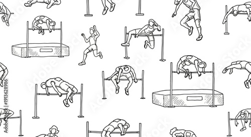 Seamless pattern of high jump athletes in action, illustrative style