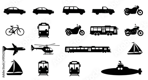 Collection of diverse transportation vehicle silhouettes.