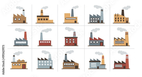 Collection of diverse industrial factory buildings with smoke stacks.