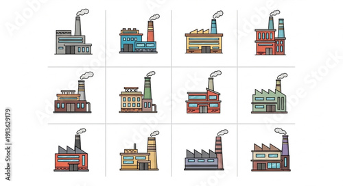 Collection of diverse industrial factory buildings with smokestacks.