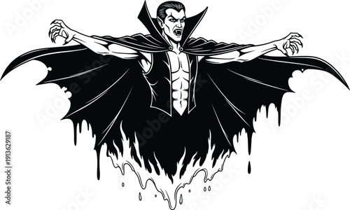 Scary vampire man vector illustration with black cape and fangs isolated on white background for halloween horror character design element graphic art icon symbol.