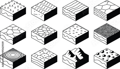 Black and white isometric terrain blocks set with grass, sand, stone, water, mountains and textures, perfect for game map design, tilesets and UI icons.