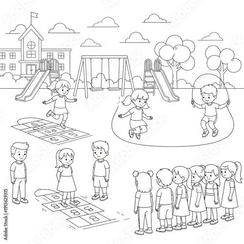 Black and white line art illustration of children playing various games like hopscotch and jumping rope in a school playground.