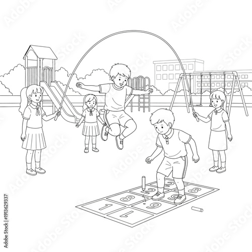 Detailed black and white line drawing of children playing various games like jump rope and hopscotch in a lively outdoor playground scene.