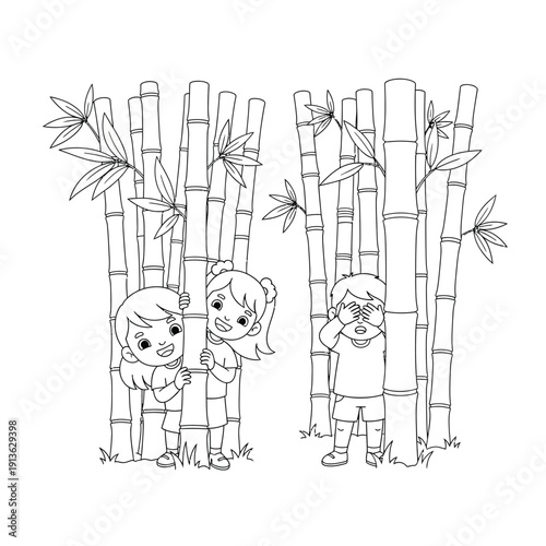 Black and white line art of children playing hide-and-seek in a bamboo forest, ready for coloring.