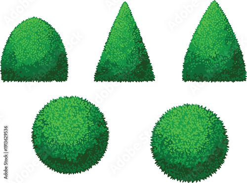 Cartoon green bush and shrub set with round and triangle shapes, perfect for garden decoration, landscape design, topiary elements, and game environment assets.