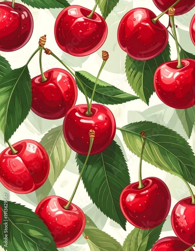 Vibrant red cherries with green leaves against a light background