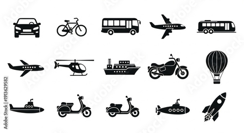 Collection of diverse transportation vehicle icons in silhouette.
