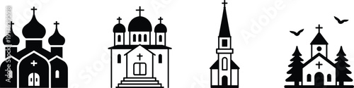 Set of black church silhouettes and cathedral icons including orthodox domes and chapel steeples isolated on white background for religious graphic design and architectural elements