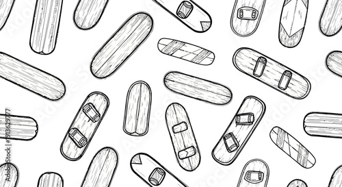 Seamless pattern of sketched snowboards in varying orientations and sizes
