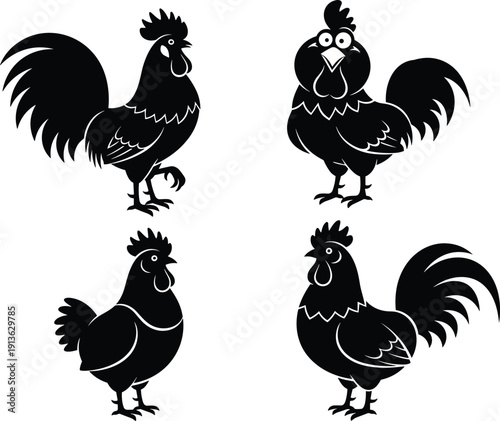 Set of black rooster and chicken silhouettes featuring various poses and styles of farm poultry and cockerels for rural design and agricultural branding.