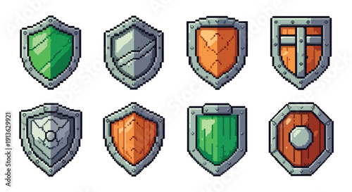 A collection of eight distinct pixel art shields, showcasing diverse designs, colors like green and orange, and materials such as wood and metal.