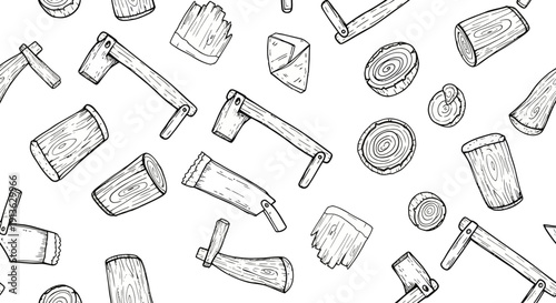 Hand Drawn Axe And Wood Log Pattern - Simple Sketchy Craft Elements