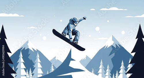 Snowboarder in mid-air performing a trick over snowy mountains and trees in a serene winter landscape