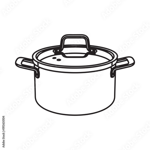 A black and white line drawing of a stockpot with handles and a lid