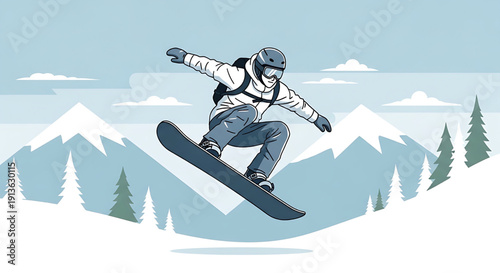 Snowboarder performing aerial trick on mountain slope with trees and snowy peaks in the background