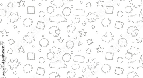 A whimsical doodle pattern featuring stars, circles, squares, and clouds on a white background