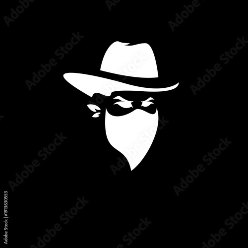 Stylized Bandit Face Icon with Hat and Bandana Mask