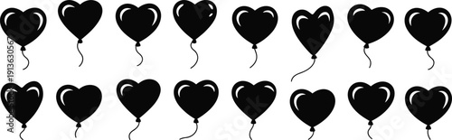 Array of black heart-shaped balloon silhouettes with strings balloons love