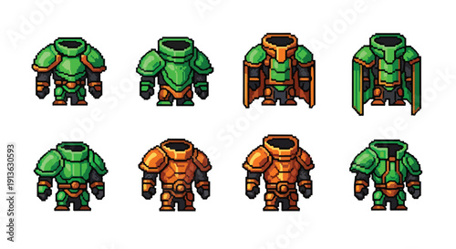 Eight pixel art armor sets in green and orange, featuring futuristic or fantasy designs, isolated on a white background.