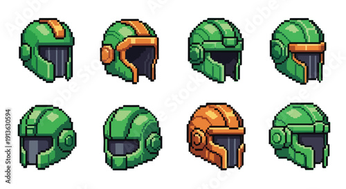 A collection of eight distinct pixel art helmets, primarily green with some orange elements, presented in various three-quarter views.