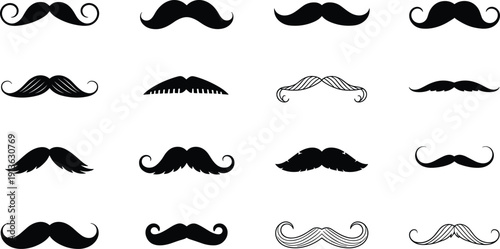 Assortment of black mustache icons with different styles and shapes on white Keywords: mustache, moustache, facial hair, barber