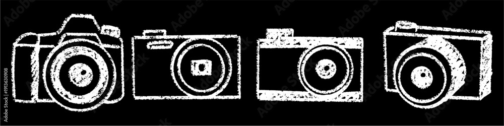 Fototapeta premium Set editable chalk drawing camera vector for educational media projects. Ideal for school photography clubs and blackboard art. Symbolizes creative learning, capturing moments, and student vision.