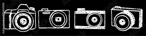Set editable chalk drawing camera vector for educational media projects. Ideal for school photography clubs and blackboard art. Symbolizes creative learning, capturing moments, and student vision.