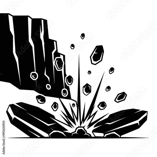 Black and white illustration of rocks falling and shattering on the ground.