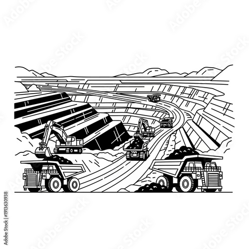 Heavy machinery operating in an open pit mine with trucks and excavators.