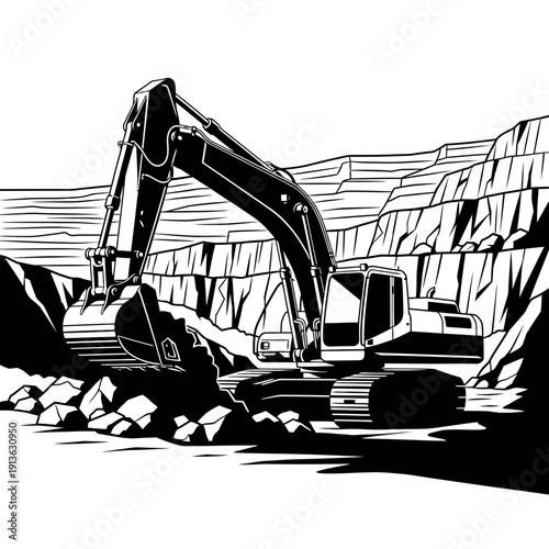 Black and white illustration of excavator at work in quarry.