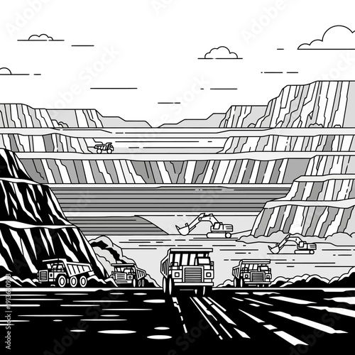 Mining trucks operating in an open pit mine.