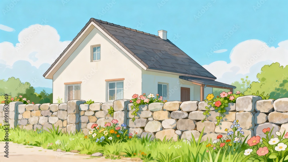 custom made wallpaper toronto digital石のフェンスに囲まれた花咲くかわいい家のパステルイラスト