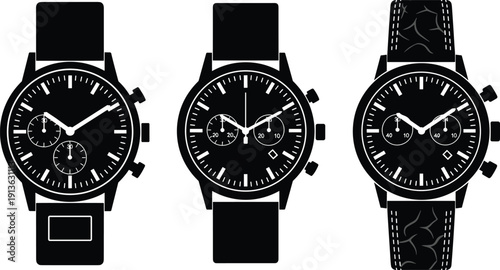 Luxury chronograph wristwatch set analog men watch black silhouette vector illustration classic timepiece collection isolated on background