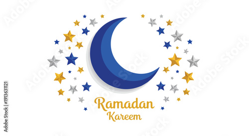 A colorful illustration of a blue crescent moon surrounded by stars and the words 'Ramadan Kareem' in a festive, cartoon-style design with a cute and celebratory mood.