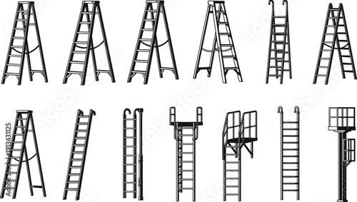 Ladder set step extension platform and fixed industrial ladders black silhouette vector illustration construction equipment collection isolated