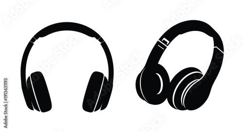 Two pairs of black headphones displayed against a white background silhouette