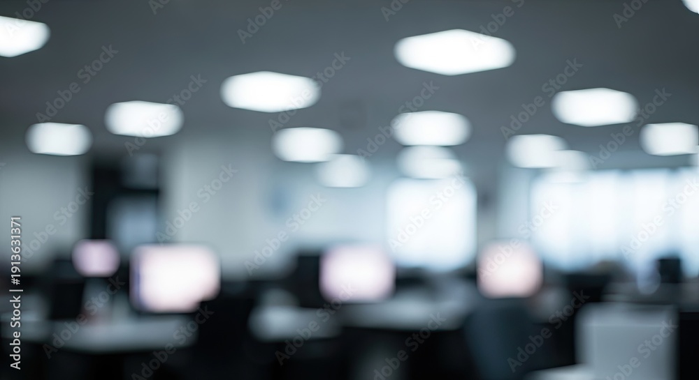 Obraz premium Blurred office interior with glowing computer screens and ceiling lights.