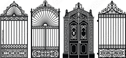 Ornate wrought iron gate and door silhouette collection illustration showing classic decorative entrance designs for architecture fence vector isolated background