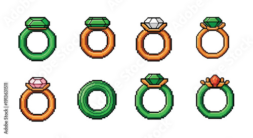 A diverse collection of pixel art rings, showcasing various gemstones like emeralds, diamonds, and rubies, alongside plain bands in different colors.
